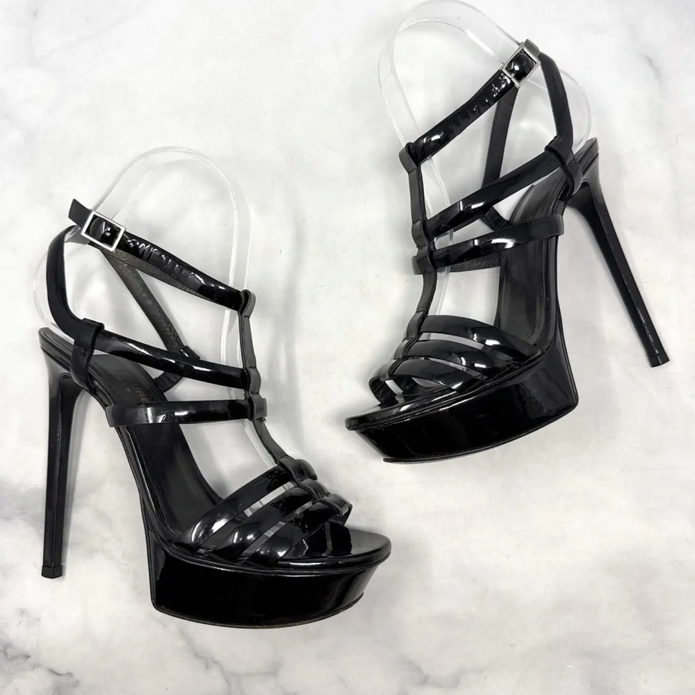 Saint Laurent Bianca 105 Patent Leather Strappy Platform Sandal Heels Black 36.5 - Picture 3 of 16